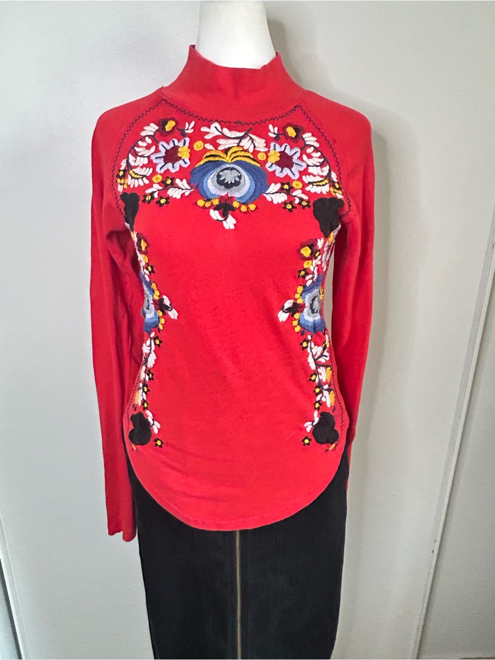 Free People Red Disco Rose Mock Neck Top Featuring Floral Embroidery